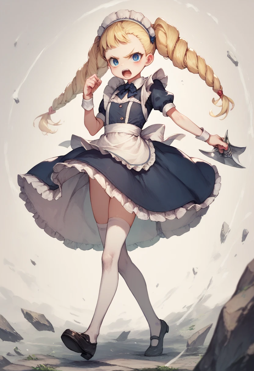 Young anime style girl, long  blonde  hair frinje blue eyes , loli body,  angry  face , flat chest , maid uniform  , standing, looking at  viewer ,  garterbelt  , lace  stockings. Victorian maid, axe kick , front axe kick. 