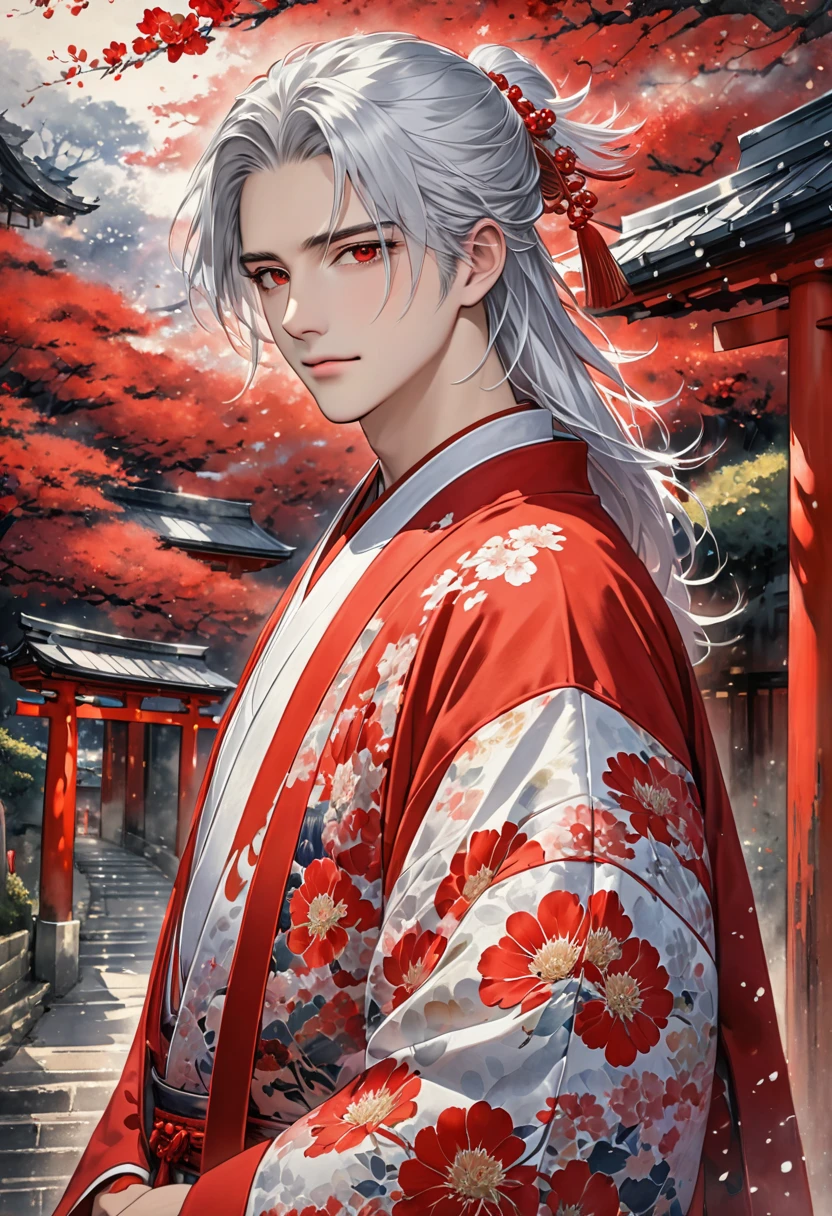 (( best quality)), ((masterpiece)), ( Details)、male１people、 long silvery hair 、 red eyes、emotionless eyes 、 kimono、 standing under the torii gate、 handsome、Both have