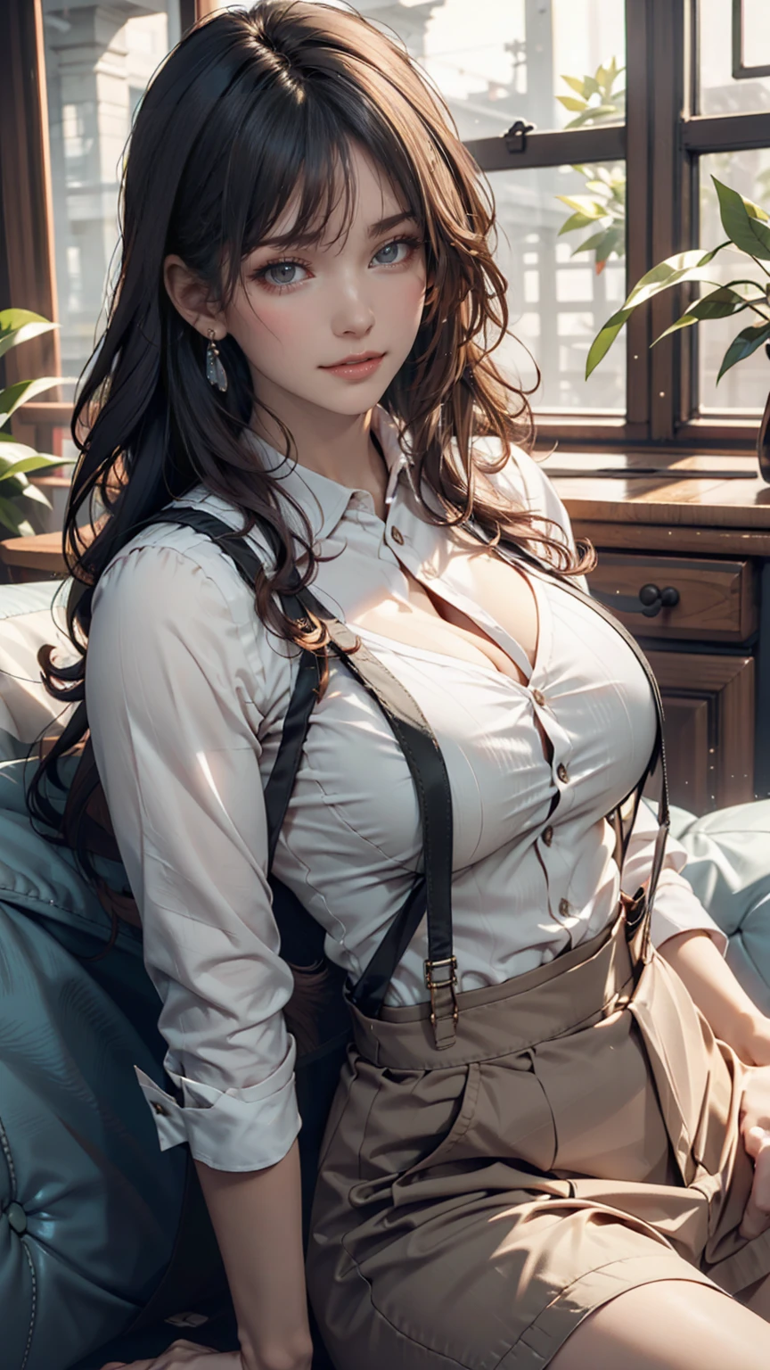 Heart-shaped pupils,(SFW), (masterpiece:1.2), Highest quality, masterpiece, High resolution, original, Highly detailed wallpaper, (Super detailed), (Best illustrations), (Best Shadow), (Kobeni), Big Breasts, Firm breasts, (White collared shirt), (Black tie), (Shirt stain), (Dirty), One girl, View your viewers, (Brown eyes), Heart-shaped pupils,((Natural big breasts:1.4))