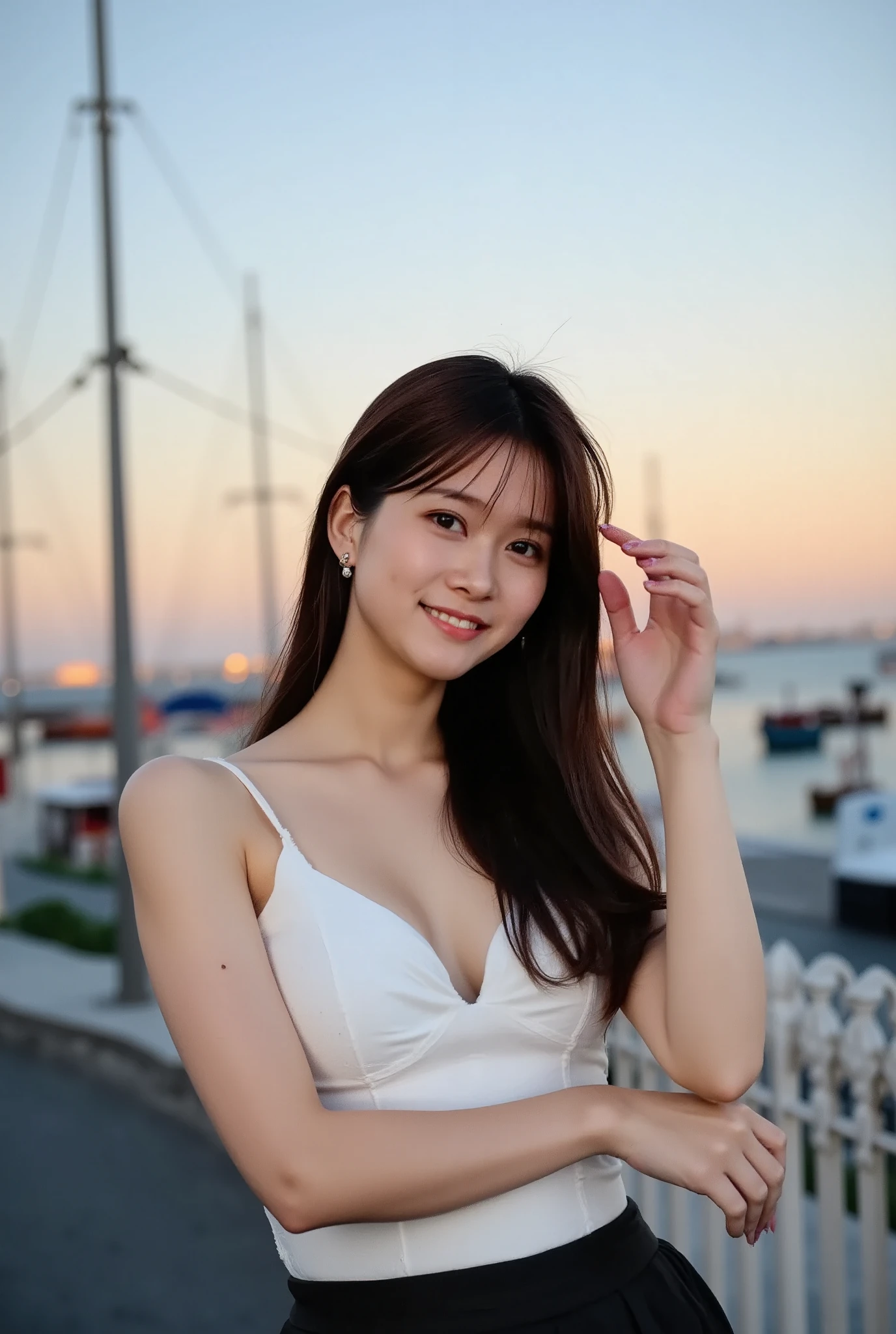 A high resolution photograph of a young Japanese woman, masterpiece, amazing quality, intricate details, absolutely detailed, professional lighting, (sharp focus), solo, 1girl, posing for gravure photography, dynamic pose with movement, (revealing fashion), slender body, fair skin, detailed face, detailed eyes, sophisticated nose, smile, outdoors, port area, (ocean view, magic hour, sun set), in the evening, (perfect hand, perfect anatomy, anatomically correct), 