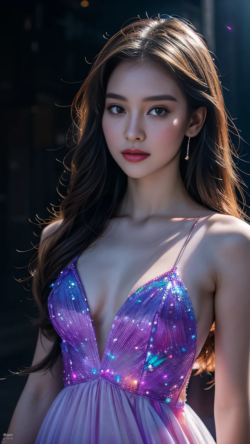 Full figure, seven -clinging shooting, 18 years old, wearing transparent science fiction dress, exquisite faces, details, hands, ultimate details, amazing magnificence, LED internal lighting, Pedaipan style, fiber hair, glowing rainbow iris, glowing rainbow iris,