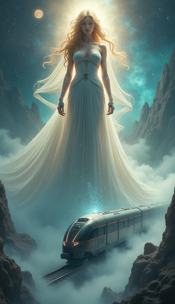 The background is outer space, a busty goddess on the top half of the screen, A sci-fi train from discharging cloud on the bottom half of the screen,