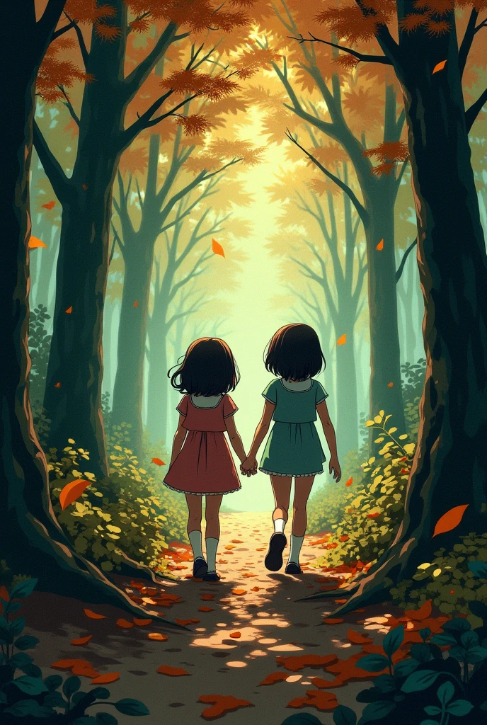 2 girls walking through a forest during autumn season and are frozen ...