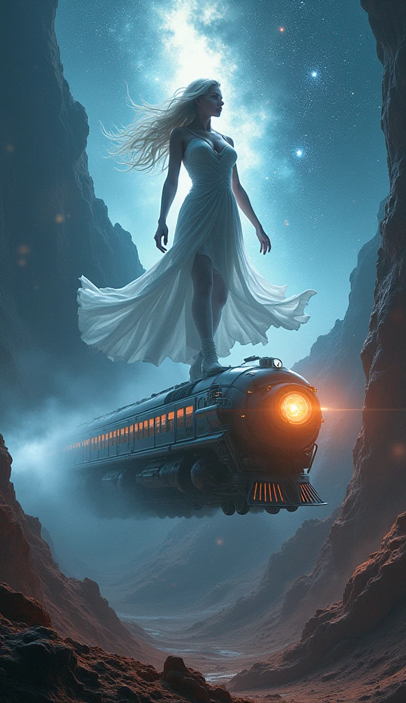 The background is outer space, a busty goddess on the top half of the screen, A sci-fi train from thunder cloud on the bottom half of the screen,