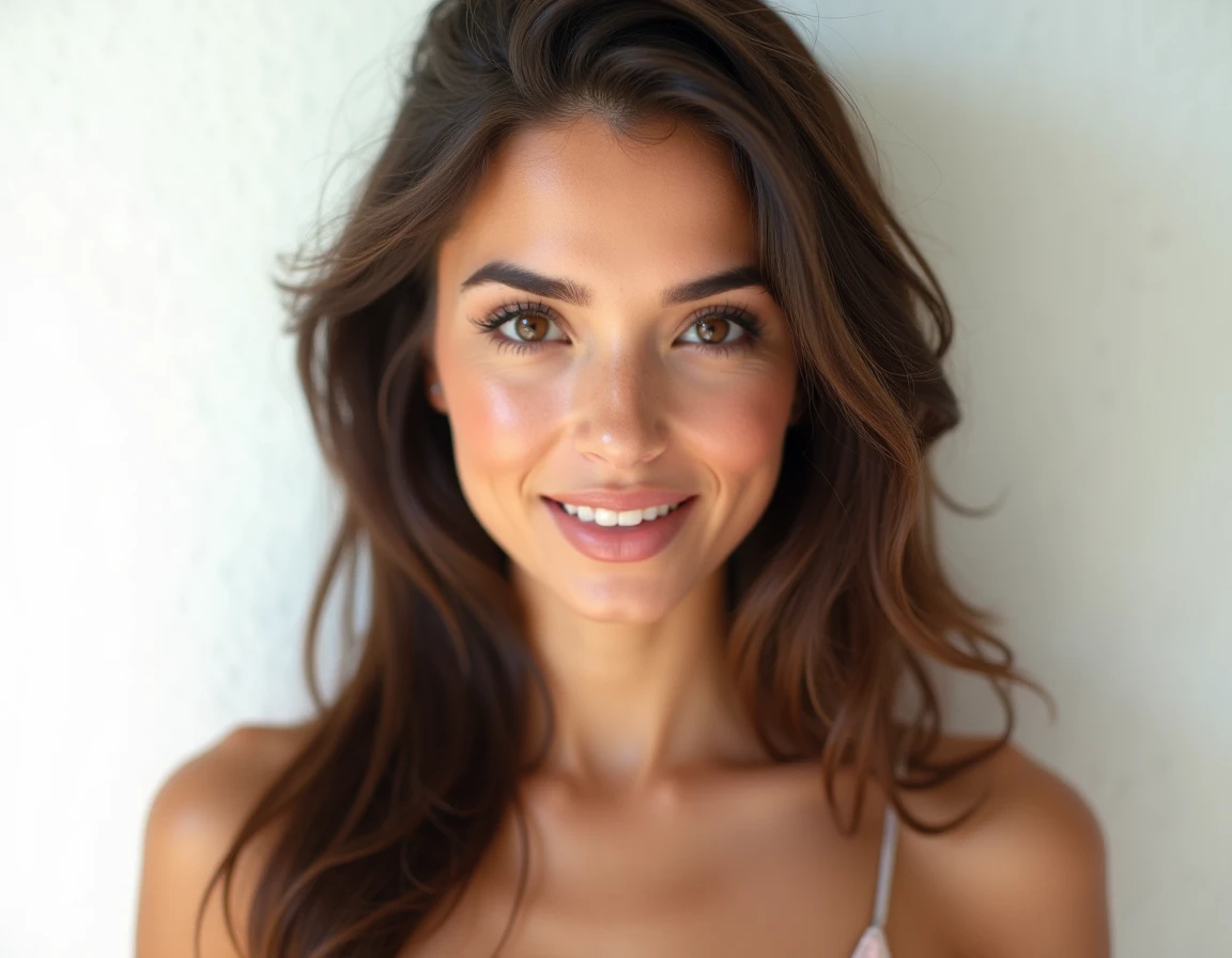 Photograph of a 25 year old woman, asia mix, perfektes Gesicht, angezogen, lebensfreude, frisches aussehen, Meisterwerk, realistisches Aussehen, sportliche figur, 165cm tall, slightly tanned skin, realistische haut, charming smile, braune haare, southern type woman, augen auf die kamera gerichtet, sommer, 75mm focus length, dunkle braune augen, big eyes, Beautiful eyelashes, natural makeup, shy, seductive smile, cinematic lighting, depth of field, accurate, anatomically correct, super detail, high details, high quality, award winning, best quality, highres, accurate, anatomically correct, super detail, high details, high quality, award winning, best quality, highres