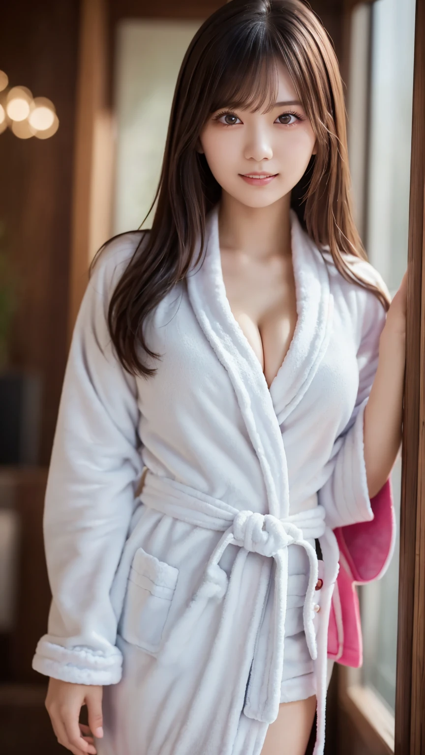 (luxurious and colorful thick bathrobe : 1.5), beautiful目, Idol, Feminine dark hair , ( Delicate and realistic hair, 1 1 Realistic Hair), bangs,  natural colored lips, smile, ((white indoor)), indoor, ( 18 year old female  : 1. 2),  young and adorable Japanese face,  Official Art,  high definition  CG Unity 8k 壁紙, (masterpiece: 1.0) , ( best quality: 1. 0), ( best quality: 1. 0), Ultra  high definition ,4K, Very detailed,  photos with no restrictions,8k, NFSW, high definition , Kodak Portrait 400, film grain , lens flare  グロー, best quality,8k, NFSW:1. 2),  as a portrait shot,8k, Show viewer , ((masterpiece)), (( best quality)), ( super detailed), ((cute)), (Nice), (( sexy)), (( Very detailedな)), (detailed clothing features), 4K, (8k), (beautiful), Illustration, beautiful日本人の女性, ((1 female)), beautiful black hair, ( long hair:1.2), ((beautiful eyes)),  lens flare , (((Front View))), ((facing))、(Bold Cleavage : 1.3)