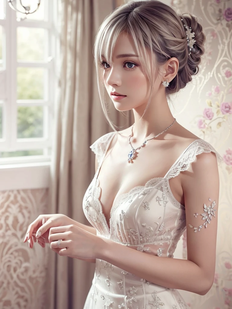  purple lace song & good, ((( very elegant and beautiful, perfect detail,  super detailed))), whole body,  The most detailed girl ,  Depth of Written Boundary, 美しく詳細なwhole body, Thin legs,  1 girl, 30 years old,  very short hair, Spiked Hair,  gray and silver hair on the right hand on the chest,  Beautiful Detailed Hair ,  perfect face, Expressionless, Beautifully detailed deep eyes,   mouth a little , Delicate arms and hands, Pale skin,  earrings for a woman alone,  beautiful gorgeous necklace ,  colorful background, HD Backgrounds,  blurry background,  very delicate and beautiful , masterpiece, (((  best quality ,  Very beautiful 8K CG wallpaper ))), ((( trendy hairstyle))), ( in the room, Stylish Interior , Window ),