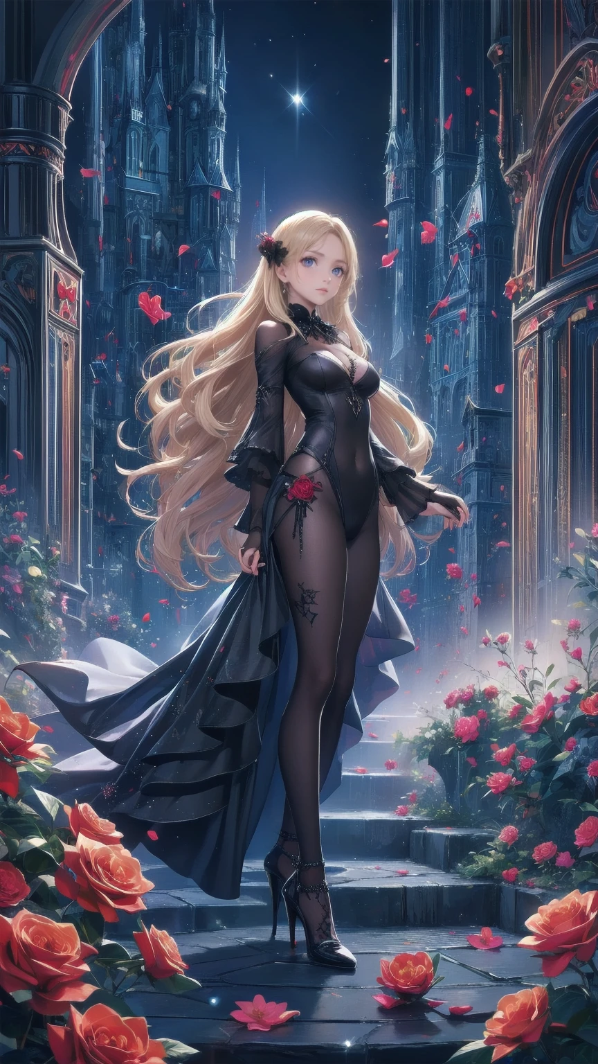 Roses are printed on the Modison Disney , Arafed,  Dark  fantasy art ,  fantasy art , Gothic art,  female vampire painting , Pale skin, Blonde,  long hair,  wavy hair, ( Sparkling Grey : 1.3) eye,  she says  (red: 1.3) red thigh suit,  she says 手に剣を持っている, ( ready for battle : 1.4) ,  suit (black: 1.4) black roses,  high heels,   full body shot , dark glamour shot, dark castle, dark, black and color, Pastel Goth, 