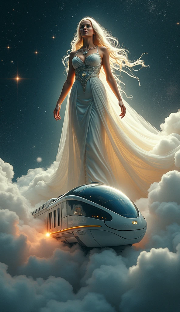 The background is outer space, a busty goddess on the top half of the screen, A sci-fi train from discharging cloud on the bottom half of the screen,