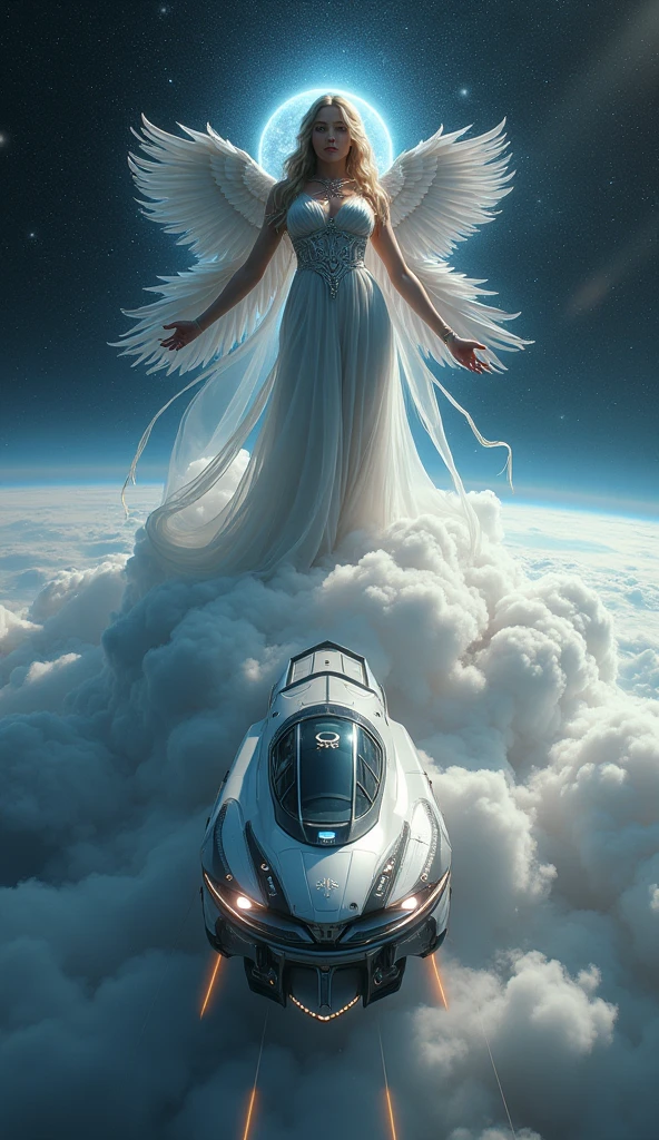 The background is outer space, a busty goddess on the top half of the screen, A sci-fi train from discharging cloud on the bottom half of the screen,