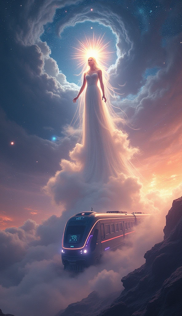 The background is outer space, a goddess on the top half of the screen, A sci-fi train from discharging cloud on the bottom half of the screen,