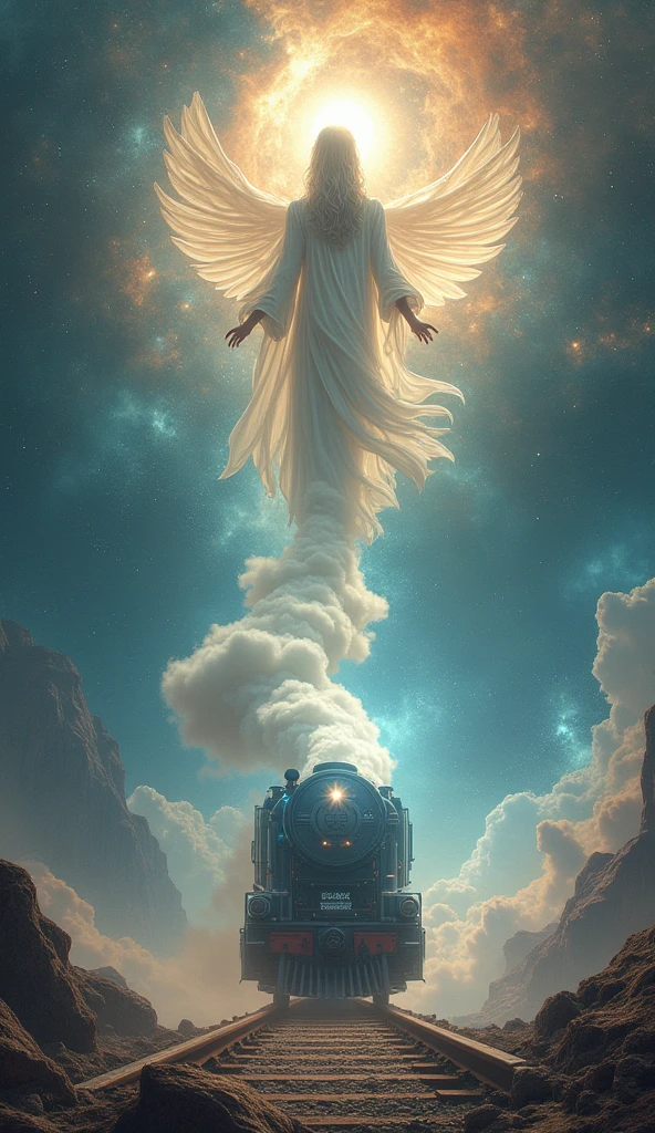 The background is outer space, a goddess on the top half of the screen, A sci-fi train from discharging cloud on the bottom half of the screen,