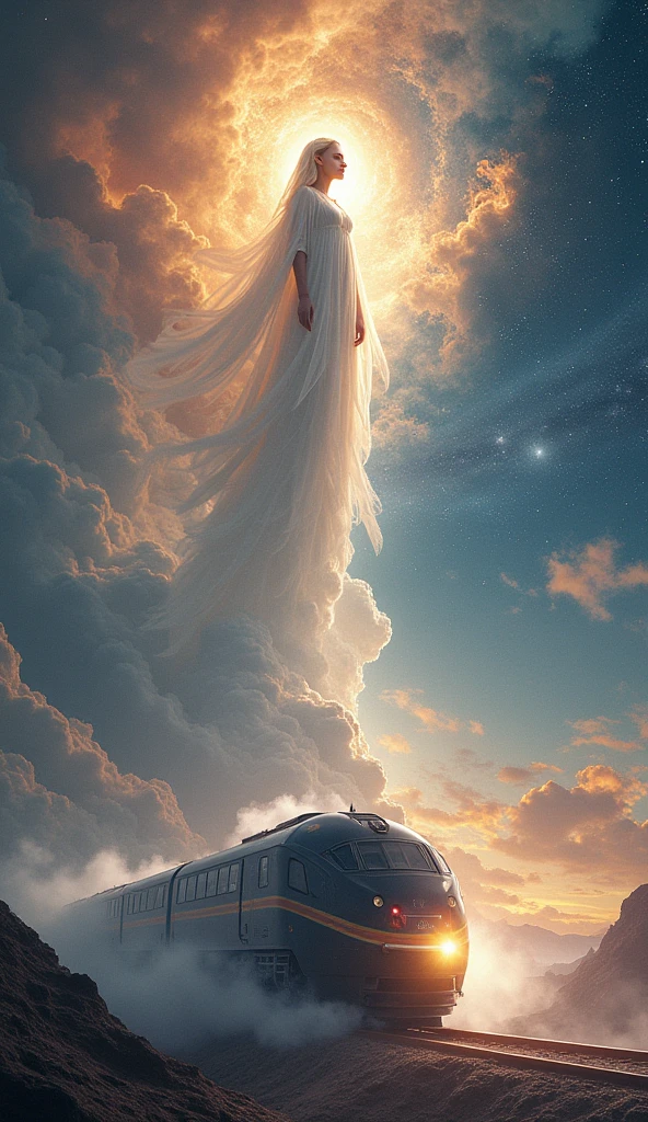 The background is outer space, a goddess on the top half of the screen, A sci-fi train from discharging cloud on the bottom half of the screen,