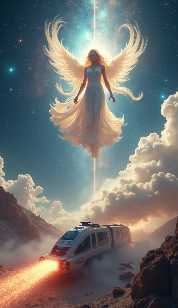 The background is outer space, a goddess on the top half of the screen, A sci-fi train from discharging cloud on the bottom half of the screen,