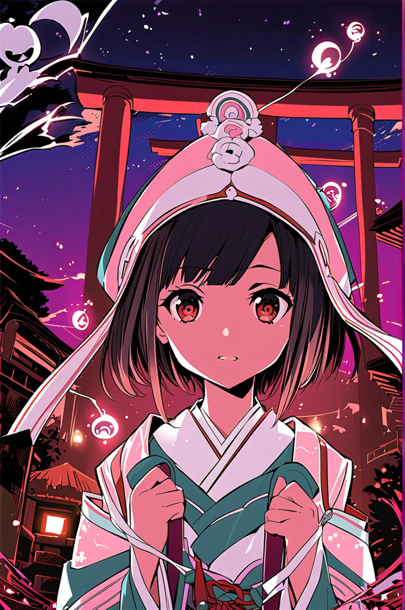  girl, shrine Maiden Clothes,  black hair,  short bob, Late Night, torii, shrine, charm,  Darkness, Ghost Story 