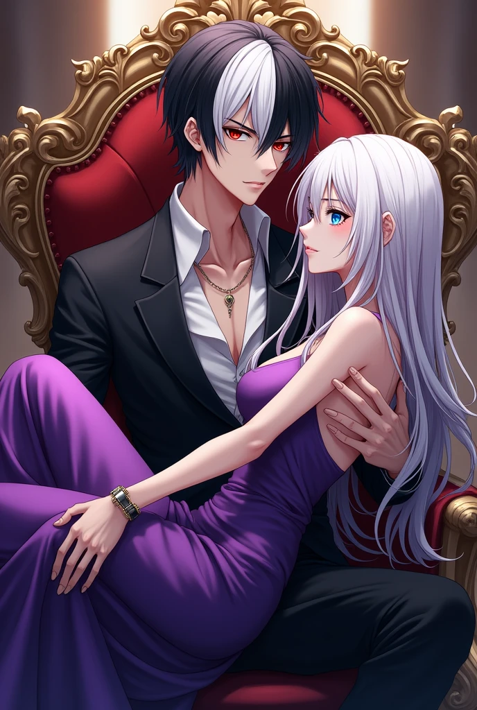 An anime cover. A white-skinned girl in a short red dress sitting on a Queen's throne with a crown. She's very beautiful. On the same throne, a darker-skinned boy, taller than her, is sitting beside her. The boy is kissing the girl's hand. He's wearing a white shirt and black pants. He's sitting with her but kissing her hand.