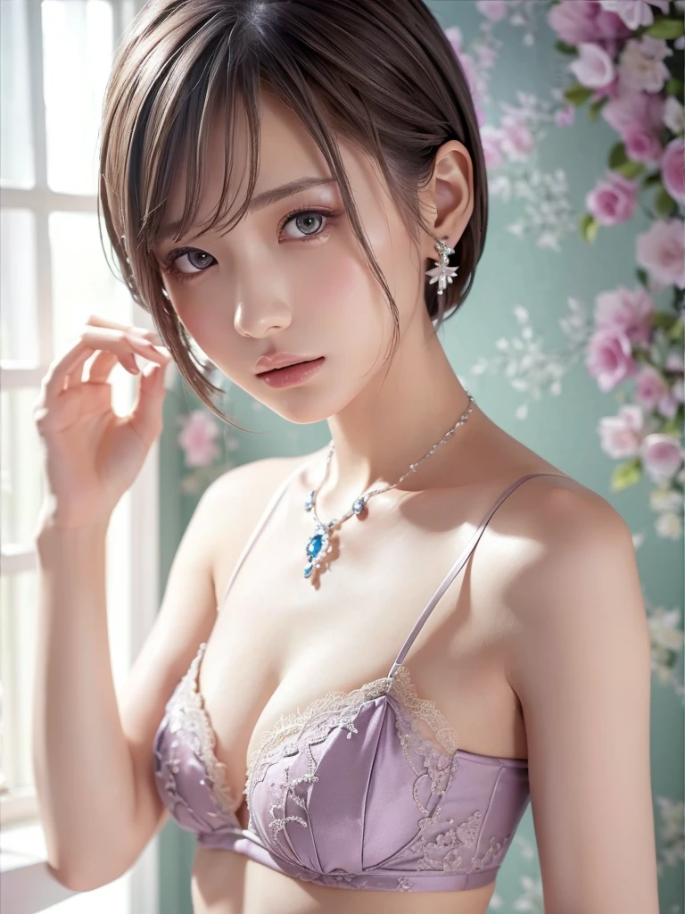  purple lace song & good, ((( very elegant and beautiful, perfect detail,  super detailed))), whole body,  The most detailed girl ,  Depth of Written Boundary, 美しく詳細なwhole body, Thin legs,  1 girl, 30 years old,  very short hair, Spiked Hair,  gray and silver hair on the right hand on the chest,  Beautiful Detailed Hair ,  perfect face, Expressionless, Beautifully detailed deep eyes,   mouth a little , Delicate arms and hands, Pale skin,  earrings for a woman alone,  beautiful gorgeous necklace ,  colorful background, HD Backgrounds,  blurry background,  very delicate and beautiful , masterpiece, (((  best quality ,  Very beautiful 8K CG wallpaper ))), ((( trendy hairstyle))), ( in the room, Stylish Interior , Window ),