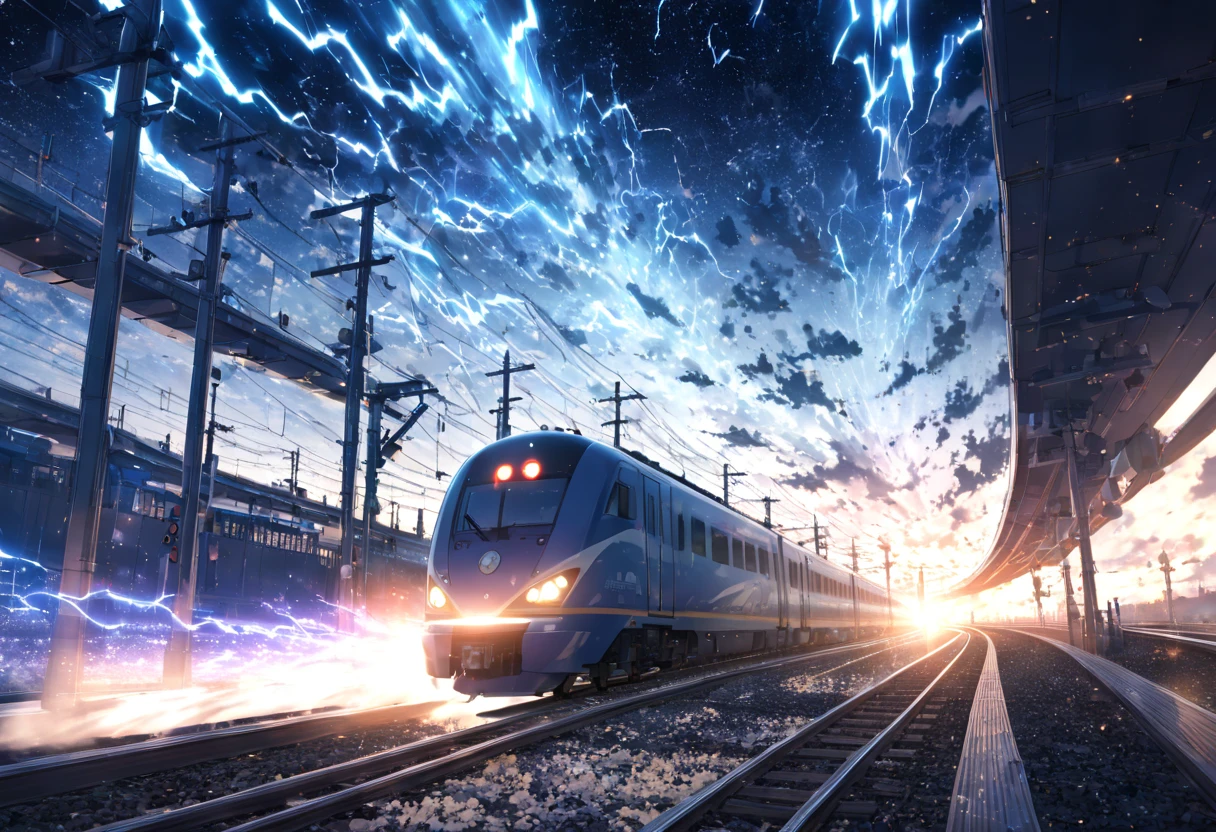 A train that transcends time and space ,  Run on rails formed by Particle Light(( motion blur:2.0 , Blue Lightning Effects :1.5 ,  Blue Particle Light Filter Effects :1.5 , backgroundぼかし)) , background:A warped world of space-time  , Dark blue bullet train 