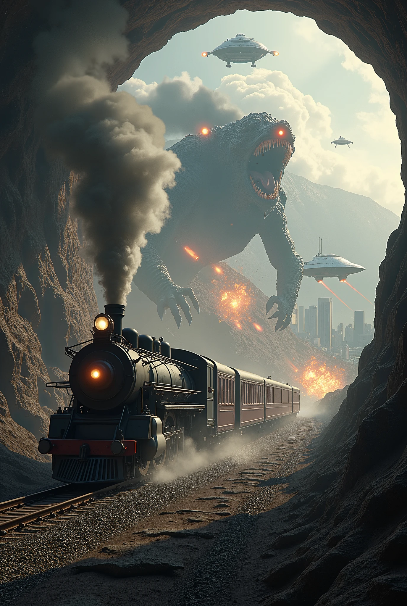 Steam locomotive and passenger car right after passing through the tunnel ,Huge monsters are fighting against each other on the hill on the right across the railroad, The city on the left is being attacked by UFOs on which aliens ride,
