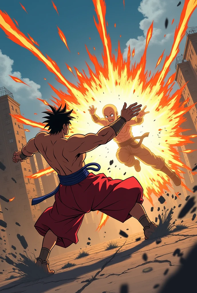 Create an image of Baki Hanma being hit by a Saitama punch, anime style ...