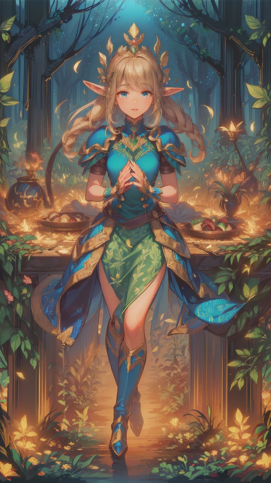 Artwork, Spectacular details, ultra detaild,  best resolution ,  blonde alone, (Beautiful Elf),  Crown and Crystal  ((Lost Angelica )), Body like a piece ,  clothes made of green leaves, ((  perfect hands))), ((Expression of happiness)), ( smirking ),  amazing smile , A simple smile, scenario: magical forest , dinner: , Wildflowers,  No doubt, (((Spectacular details na face))), (((Super perfect eyes)))