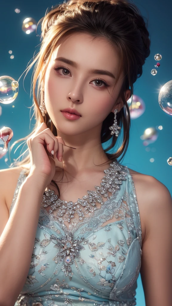 (masterpiece), (best quality), (ultra detailed),(disheed hair),(illustration), (1girl), (Fashionable clothing), standing, Fashion model, looking at viewer, (interview), (simple background), Beautiful detailed eyes, delicate beauty, floating, (high saturation), (colorful splash), colorful bubbles, (shine), focus on the face, Ayaka Kamisato, bangs, scrunchies, floating flowers, flowing hair, (shiny), best lighting, best shadows, perfect hands