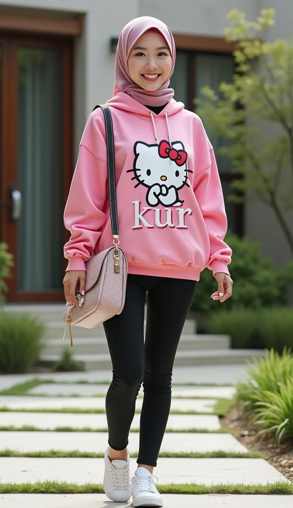 Beautiful Korean girl with smooth white skin. Well-groomed face, red hijab with a rabbit pattern, red hoodie decorated with rabbits, cargo pants with lots of black pockets, cool watch, standing with his back to the luxury car while smiling faintly, facing the camera, in the middle. The background is a large luxury house, there are roses blooming in pots, the photo is original and realistic