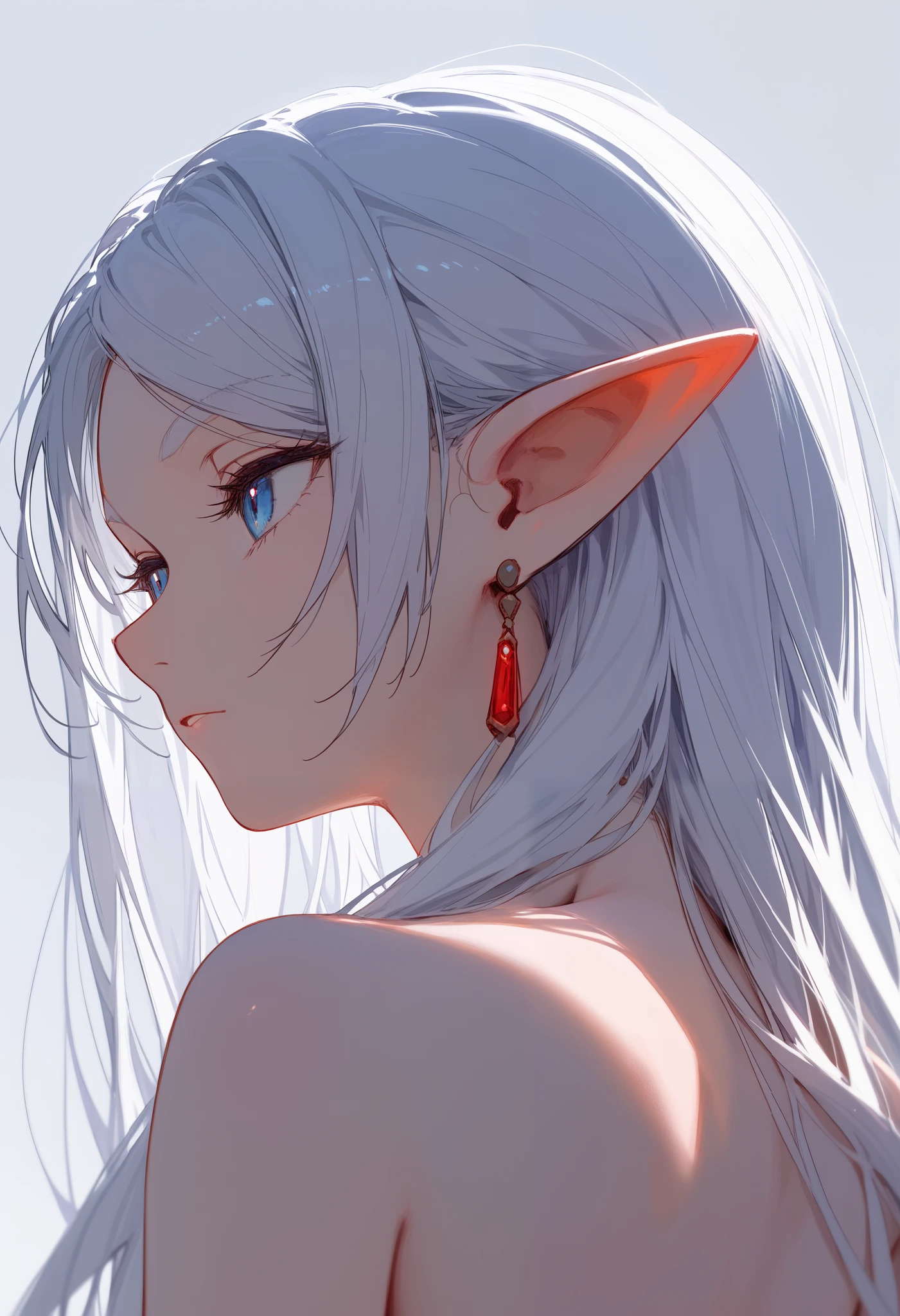 1girl, solo, Frieren, white hair, long hair, pointy ears, from behind, looking away, close-up, bare shoulders, naked, earrings, back view, back covered by hair, arms on sides, upper body, white background, simple background, masterpiece, score_9, score_8_up, score_7_up