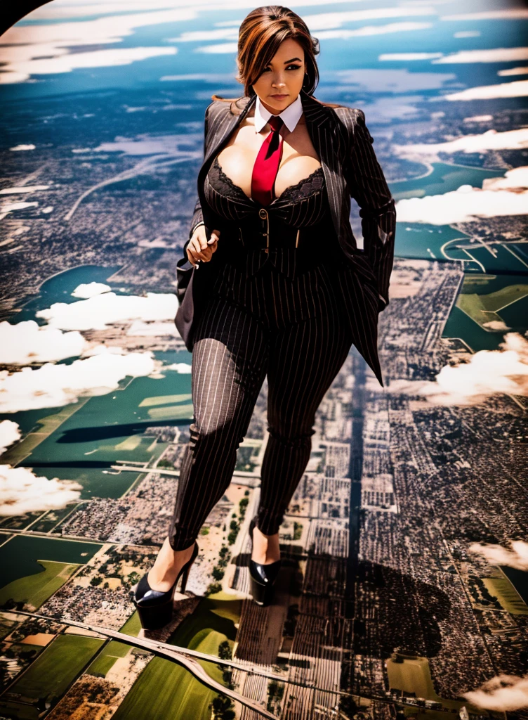 Giantess art, 100 miles tall bbw giant schoolgirl in distance walking on countries, young women with beautiful curves, massive thighs, ginger hair, lipstick, wearing a pinstripe trouser suit and blazer, crisp white shirt with large spread collar, large blade width Windsor knot red tie, with massive breasts. She is wearing platform high heels and standing on a miniature city, with massive cities no bigger than her feet, smiling with her huge breasts. This image is highly detailed, photorealistic, best quality, a masterpiece, with cinematic lighting, ultra-detailed, long ponytail hair with front bangs, high altitude photography, satellite view, a curvy figure, heaving bosom, legs, a stepping on mulitple mega city,, destruction, buildings, roads, a cloudy, overcast, hazy atmosphere, and wispy clouds. Seen from orbit