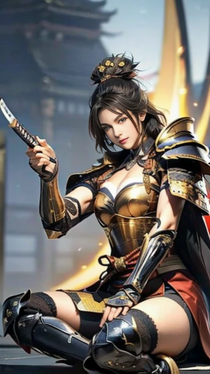   Beautiful black-haired woman ：1.3,  AMAZING CHARACTER ART , Topknot ,((dynamic pose)),(looking at viewer),(facing at viewer),((indian style, sitting)),((  black night armor :1.3 )),Breasts are 2 /3 exposed skin ,medium breasts,cleavag,underboob,plunging necklines, SUPER MINISKIRT ARMOR ,  underwear is red high leg , wears black armor on her shoulders,(Black Cape), beautiful skin like silk , Wide neckline, beautiful silhouette   , white color tights,(traditional Japanese village), (8k,  RAW photos ,  best quality),  handsome，Beautiful female knight, detailed digital art , Very nice work of art, FAN ART BEST ART STATION,(Reach Out Your Open Hand Forward :1.3),(on stage:1.2),(( from below)),( female shogun gives orders to soldiers :1.3),Muscular,(warrior:1.2),dynamic,confident,Inappropriate smile,Overbearing,warrior：1.2,Japan,((holding katana)),