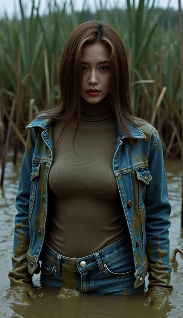 ( Best quality,4K, high definition , Realistic, vintage art 90s), close-up stuck viscous messy sludge woman ,  plunged into a viscous messy sludge, turtleneck, denim jeans, denim jeans,  tight denim jacket , wild and creepy nature environment , A vintage dark and mysterious , weed , Soft Lighting ,muted colors, viscous sludge, reeds, shameful pleasure, dusk weed, covered in  viscous messy sludge, 