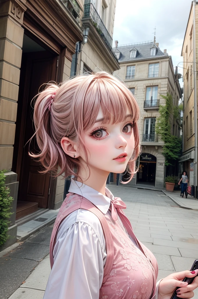 10 years old French girl. With short fuchsia hair without bangs. She looks happy and very playful.