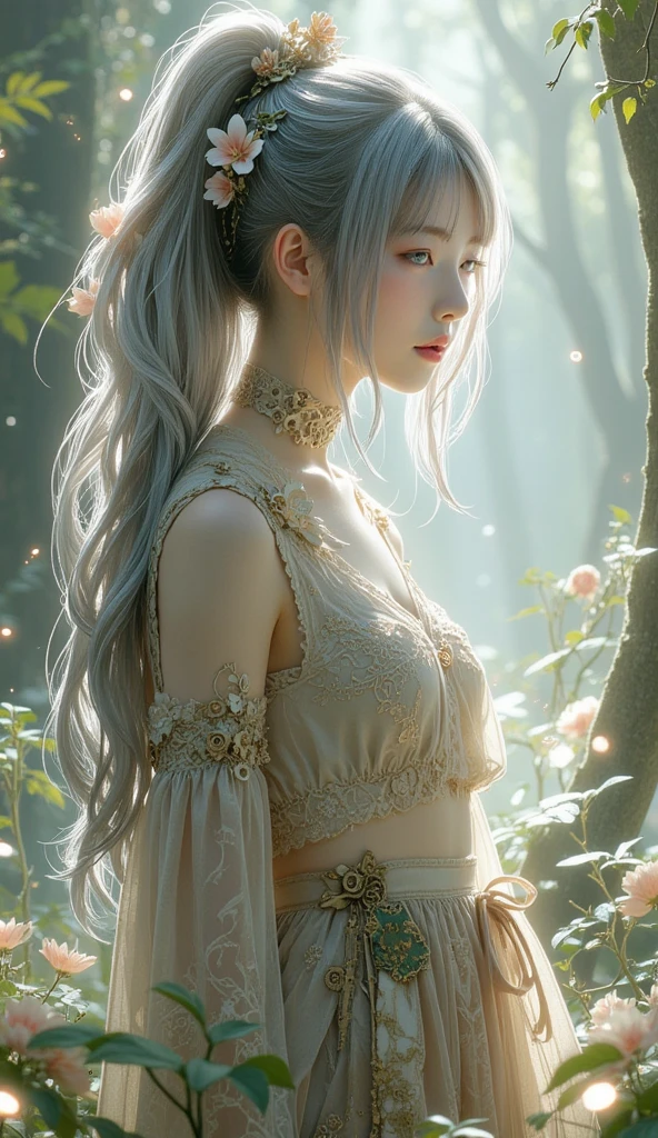 An hyper realistic portrait depicting An enigmatic asian anime girl with hair that flows like liquid silver, cascading down her back and merging with the misty surroundings. She stands in a mystical forest where the trees are made of crystal and the air is filled with luminescent fireflies. Her outfit is botanic elements, with gears and flowers intertwined, creating a harmonious balance between nature and beauty, the colours predominant is beige, hyper detailed masterpiece, 