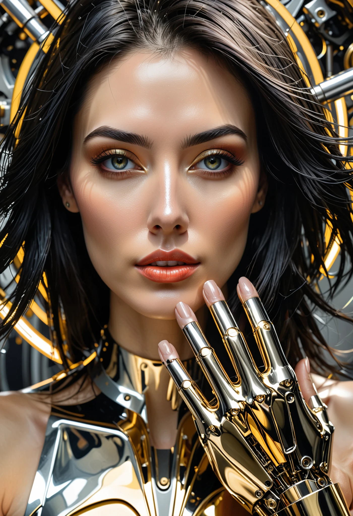 highly detailed portrait, (abstract art, surreal), by Android Jones, by Tomma Abts, 1girl in mechanism, (showing hand:1.2), black hair, high resolution, (cinematic:1.3), (chronophobia:1.2), wheels, clockwork, ((metallic mechanic hand)), (subsurface light scattering, metal reflection:1.2), gold theme, silver theme, dark theme, depth of field, timeless, diffused lighting, mastercraft, eye-catching art, amazing background