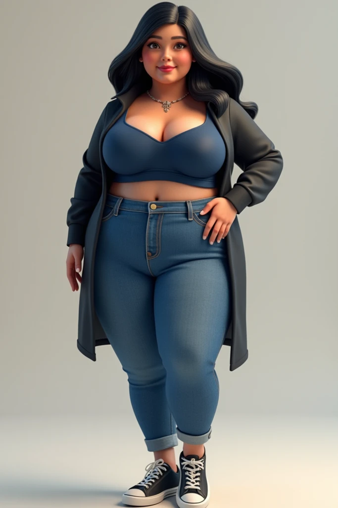 Create a futanari girl with white rain boots and with big breasts and buttocks with tight jeans and a shirt where you can see her bra and that shows her big penis with a pretty girl's waist