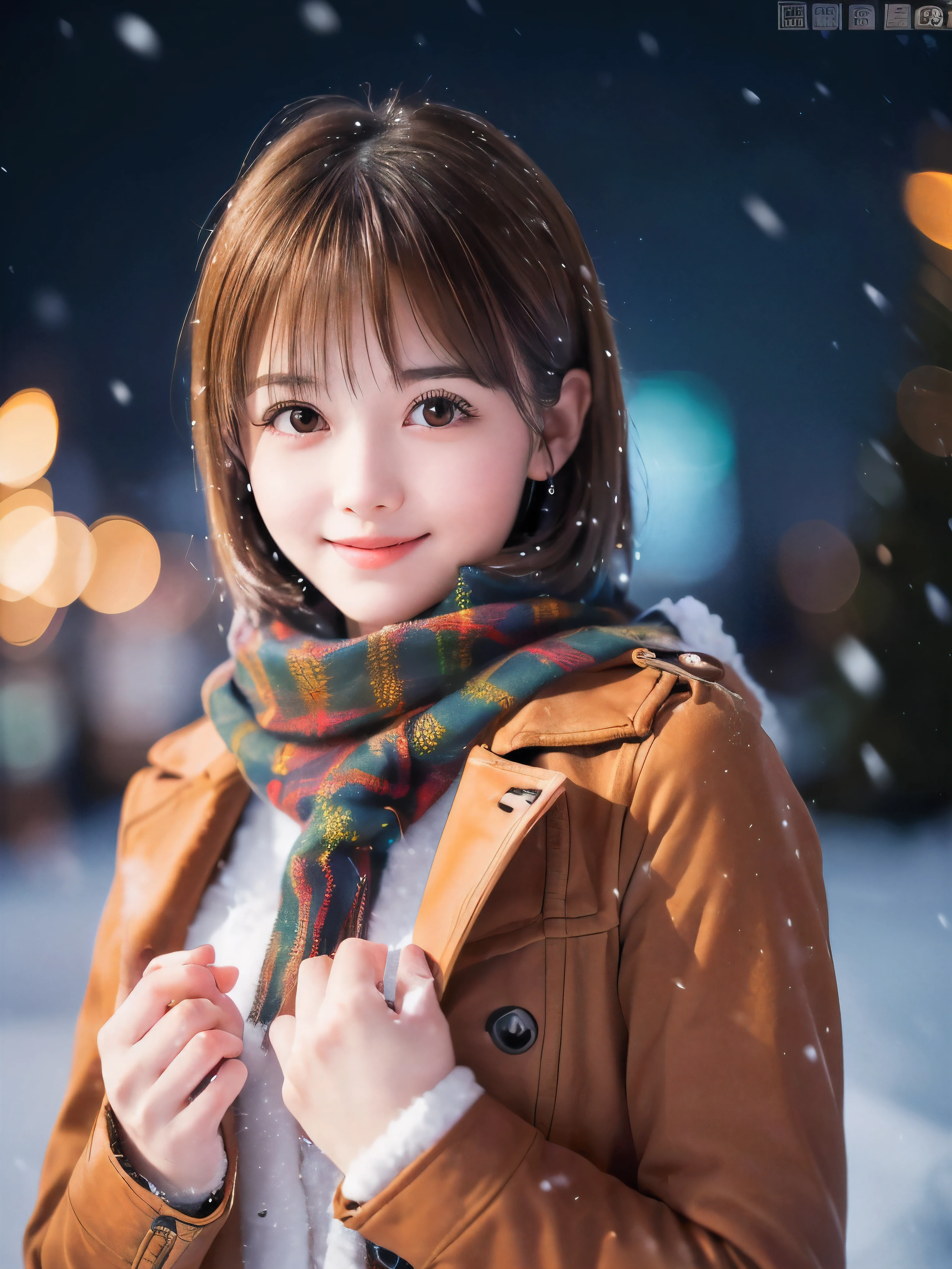 (Close-up face shot of one slender small breasts round face brown short hair with bangs girl in a winter long coat and  scarf:1.5)、(One girl is holding a big gift box in arms with happy smile:1.5)、(Very beautiful Christmas illumination night:1.5)、(Heavy snowing night:1.5)、(blurred background:1.5)、(Natural light:1.5)、(8k ultra detailed master piece:1.5)、(perfect anatomy:1.5)、(Photorealistic stick:1.5)、(Raw photo:1.3)、(highest quality:1.5)、(High resolution:1.3)、(Delicate and beautiful perfect face:1.3)、(Delicate and beautiful eye air skin:1.3)、(Real Human Skin:1.3)、((thin legs))