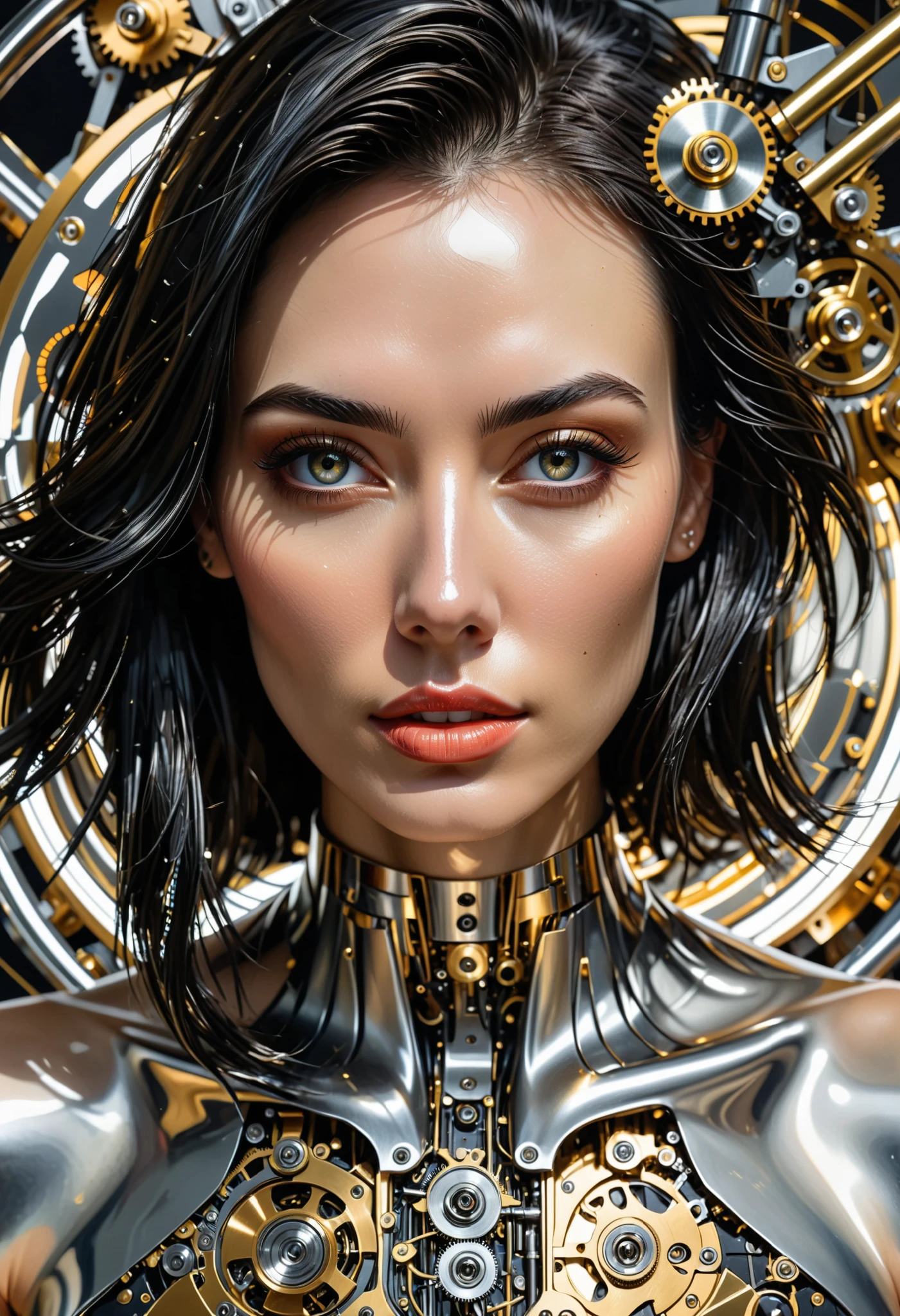 highly detailed portrait, (abstract art, surreal), by Android Jones, by Tomma Abts, 1girl in mechanism, (showing hand:1.2), black hair, high resolution, (cinematic:1.3), (chronophobia:1.2), wheels, clockwork, ((metallic mechanic hand)), (subsurface light scattering, metal reflection:1.2), gold theme, silver theme, dark theme, depth of field, timeless, diffused lighting, mastercraft, eye-catching art, amazing background