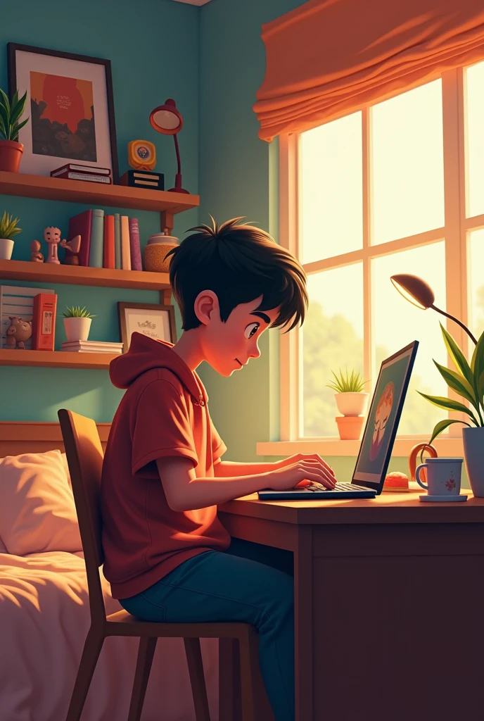 Teen doing homework and playing games and watching sketch