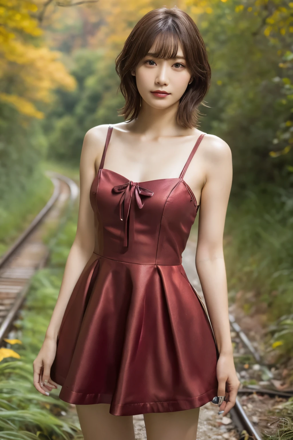  1 girl, A very beautiful portrait of a Japanese singer, ( Red Dress ), ( gothic makeup ),
(RAW Photo Best Quality), (Realistic, Realistic:1.4), (masterpiece), 
 Very detailed, 2k wallpaper, wonderful, finely,  Very detailed,  CG Unity 8k Wallpaper ,  Very detailed,  high definition , Soft light, 
 Beautiful Girl Carefully Drawn in Every Detail ,  Very detailedな目と顔,  Beautiful and Elegant Nose ,  beautiful beautiful eyes,  Film Lighting , 
(Bromide photography ), (short hair), ( The girl is standing on an abandoned railway line in a rough mountainous area:1.2), ( covered with weeds and rusted railroad tracks ), (An unmanned home with no roof and weeds growing ), (Decayed sleeper ), (autumn leaves),
 perfect anatomy , 細身の体,  smaller breasts, Thin legs, whole body, I am so lonely