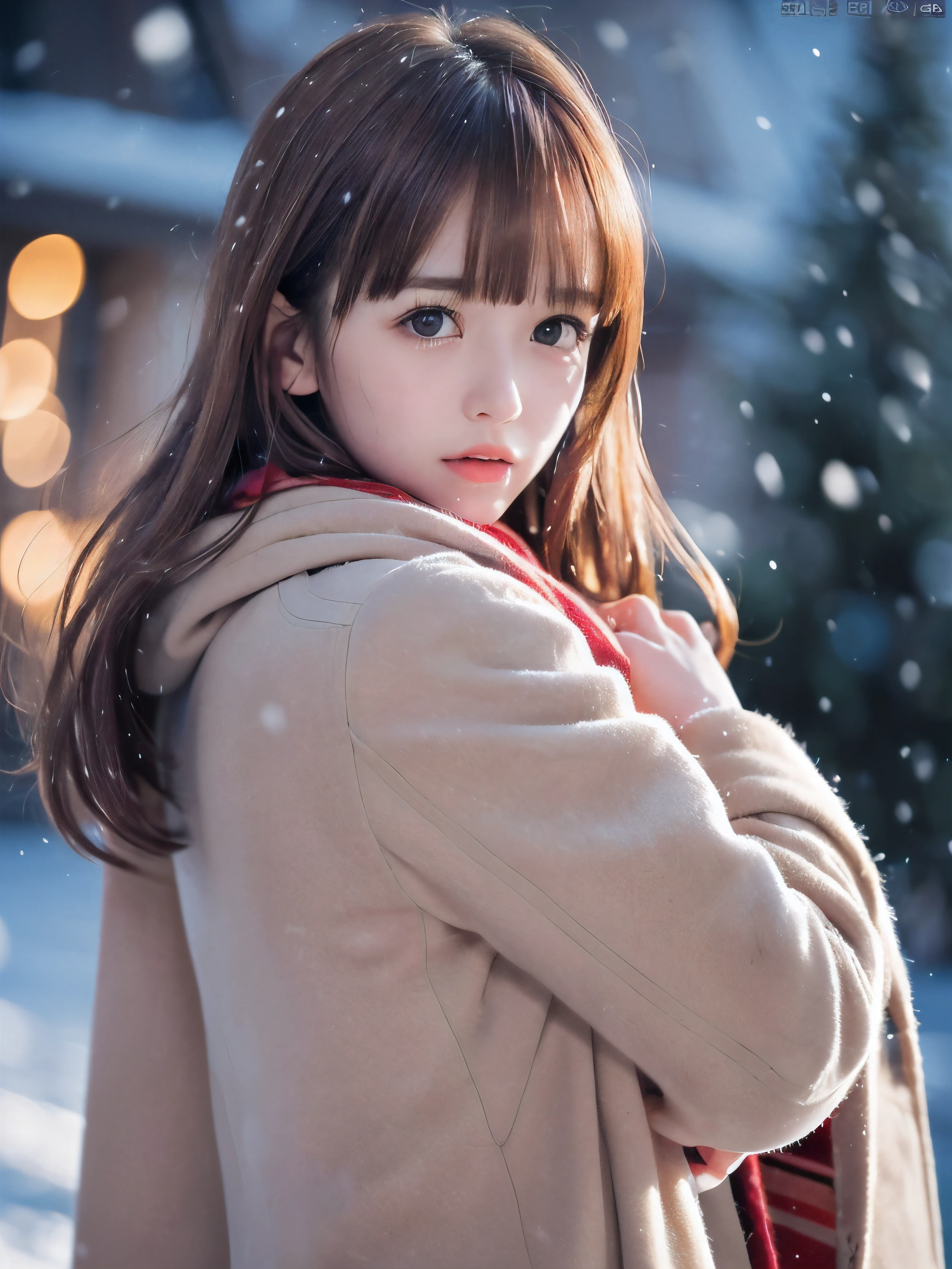 (Close-up face shot of one slender small breasts red brown wavy long hair with dull bangs girl in a winter long coat and  scarf:1.5)、(One girl is looking back with crying face:1.5)、(Very beautiful Christmas illumination night:1.5)、(Heavy snowing night:1.5)、(blurred background:1.5)、(Natural light:1.5)、(8k ultra detailed master piece:1.5)、(perfect anatomy:1.5)、(Photorealistic stick:1.5)、(Raw photo:1.3)、(highest quality:1.5)、(High resolution:1.3)、(Delicate and beautiful perfect face:1.3)、(Delicate and beautiful eye air skin:1.3)、(Real Human Skin:1.3)、((thin legs))