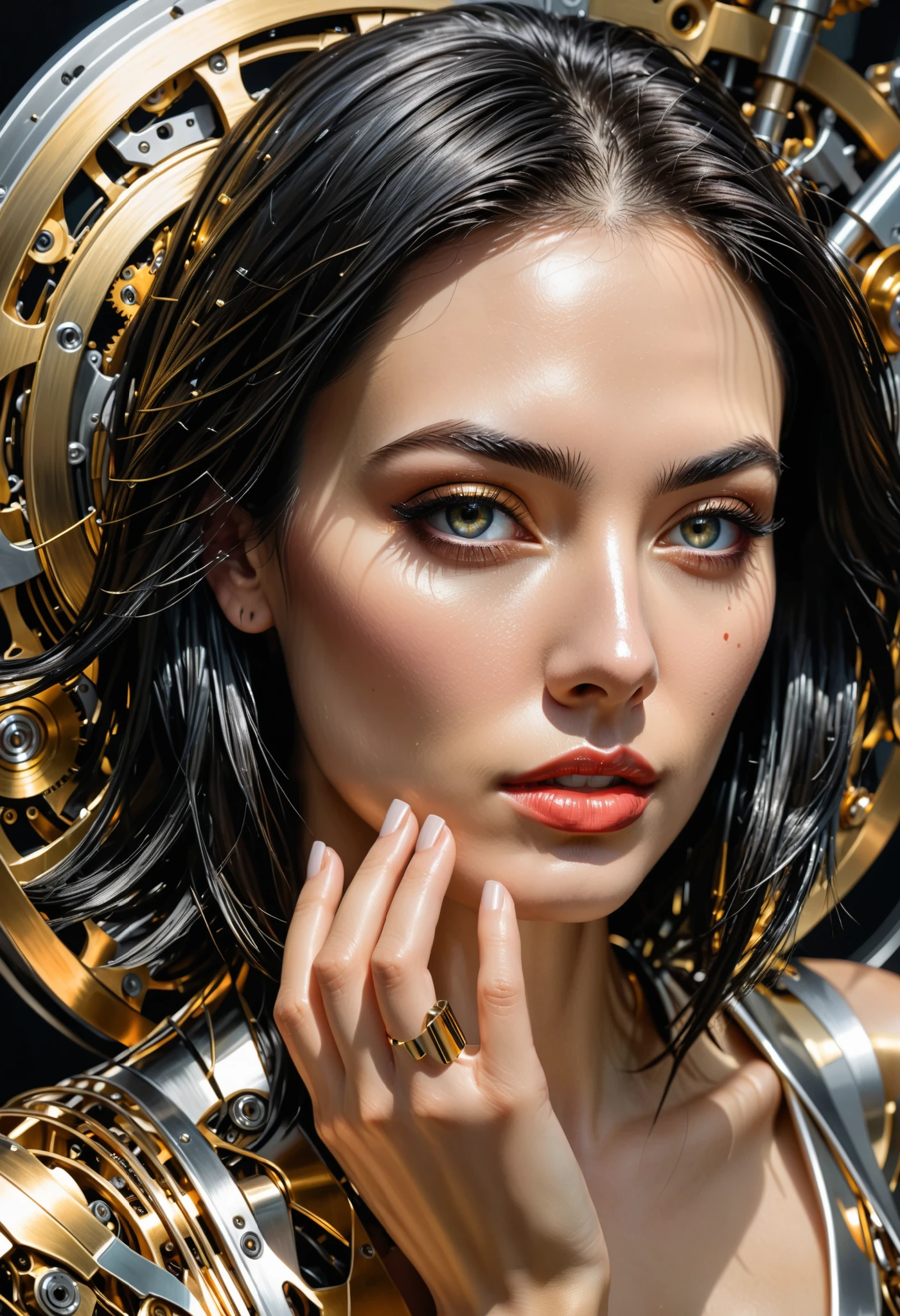 highly detailed portrait, (abstract art, surreal), by Android Jones, by Tomma Abts, 1girl in mechanism, (showing hand:1.2), black hair, high resolution, (cinematic:1.3), (chronophobia:1.2), wheels, clockwork, ((metallic mechanic hand)), (subsurface light scattering, metal reflection:1.2), gold theme, silver theme, dark theme, depth of field, timeless, diffused lighting, mastercraft, eye-catching art, amazing background