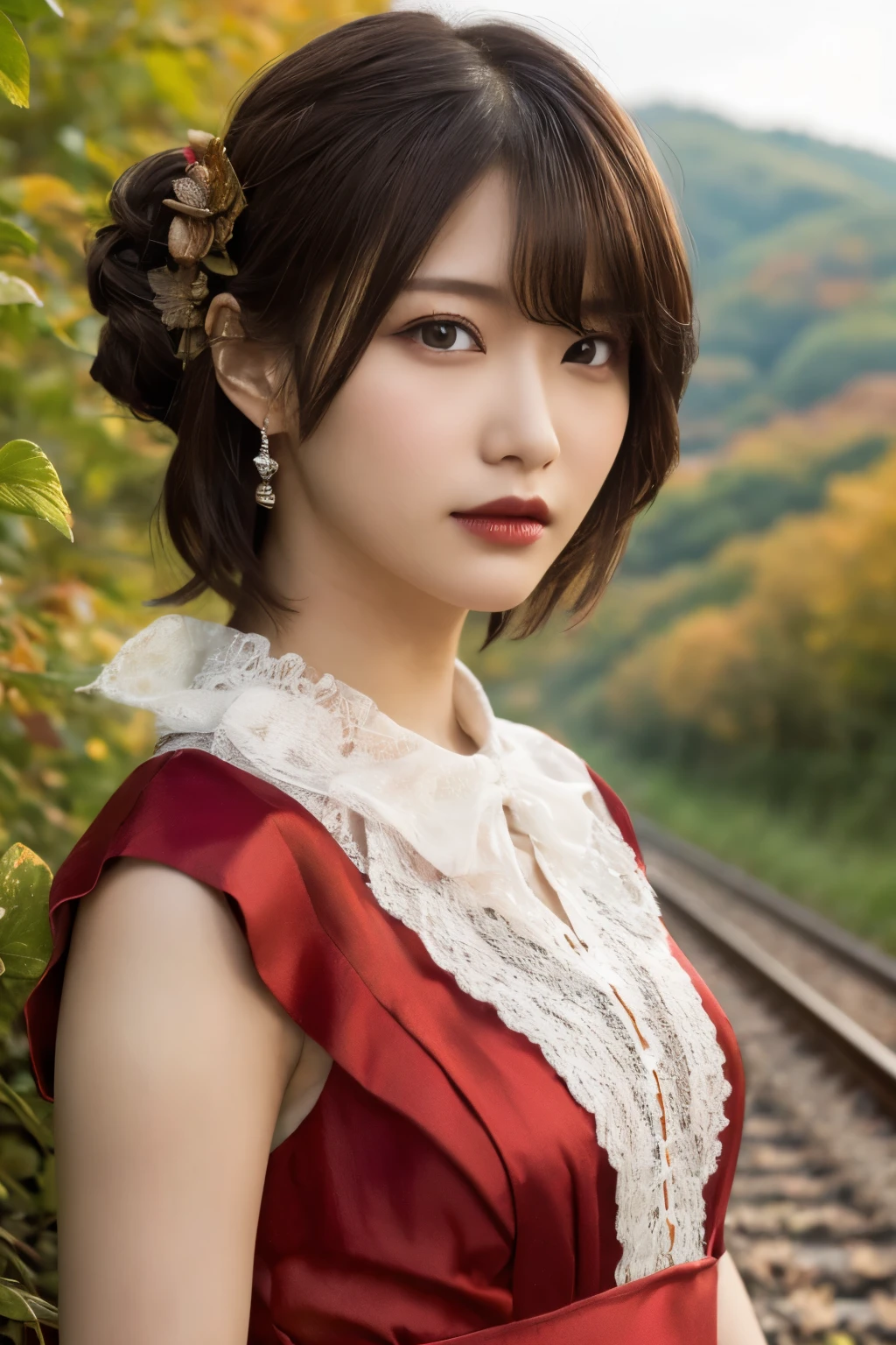  1 girl, A very beautiful portrait of a Japanese singer, ( Red Dress ), ( gothic makeup ),
(RAW Photo Best Quality), (Realistic, Realistic:1.4), (masterpiece), 
 Very detailed, 2k wallpaper, wonderful, finely,  Very detailed,  CG Unity 8k Wallpaper ,  Very detailed,  high definition , Soft light, 
 Beautiful Girl Carefully Drawn in Every Detail ,  Very detailedな目と顔,  Beautiful and Elegant Nose ,  beautiful beautiful eyes,  Film Lighting , 
(Bromide photography ), (short hair), ( The girl is standing on an abandoned railway line in a rough mountainous area:1.2), ( covered with weeds and rusted railroad tracks ), (An unmanned home with no roof and weeds growing ), (Decayed sleeper ), (autumn leaves),
 perfect anatomy , 細身の体,  smaller breasts, Thin legs, whole body, I am so lonely