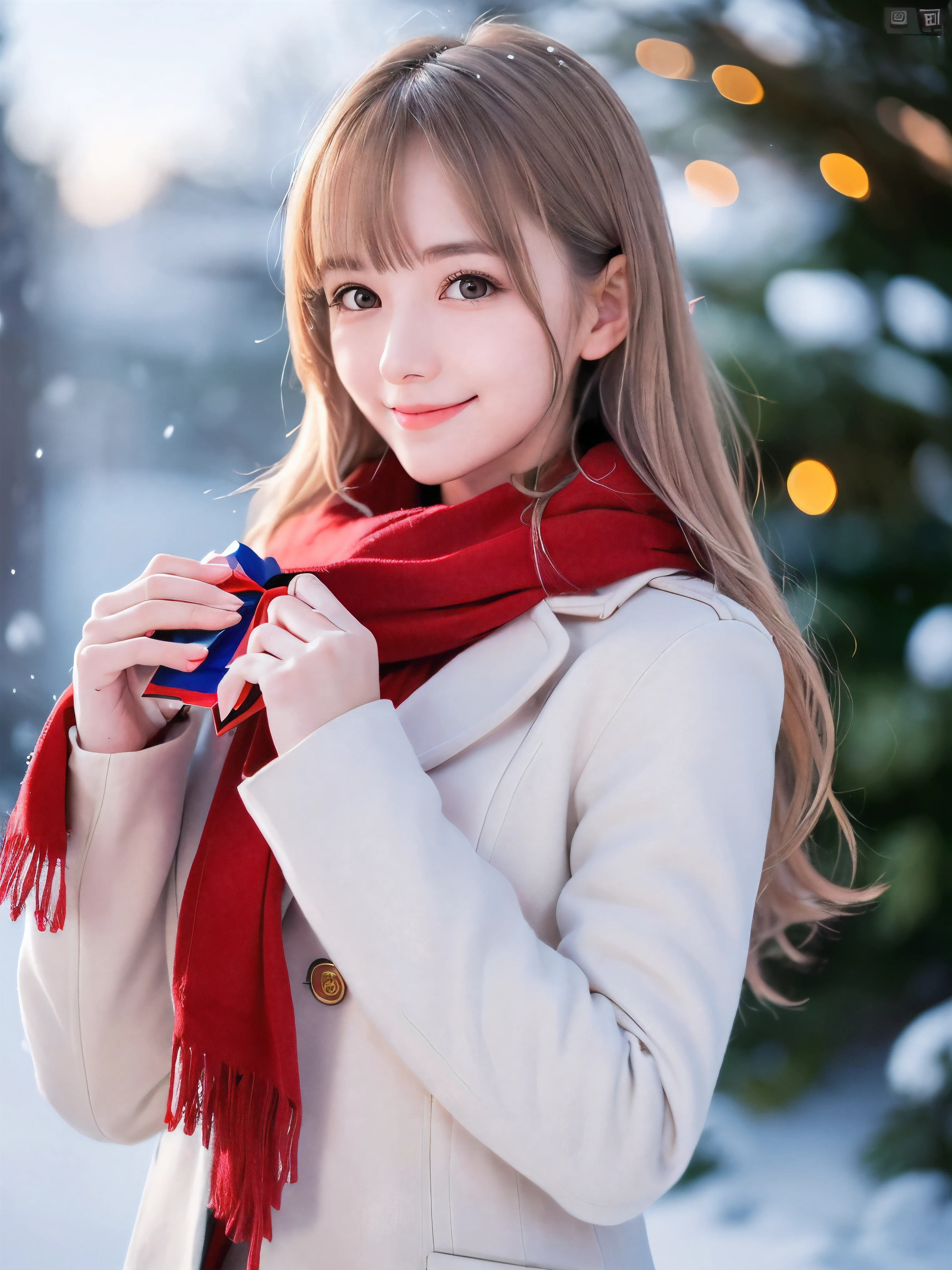 (Close-up face shot of one slender small breasts half up blonde long hair with bangs girl in a winter white long coat and red scarf:1.5)、(One blonde hair girl is holding a big gift box in arms with happy smile:1.5)、(Beautiful Christmas illumination night:1.5)、(Heavy snowing night:1.5)、(blurred background:1.5)、(Natural light:1.5)、(8k ultra detailed master piece:1.5)、(perfect anatomy:1.5)、(Photorealistic stick:1.5)、(Raw photo:1.3)、(highest quality:1.5)、(High resolution:1.3)、(Delicate and beautiful perfect face:1.3)、(Delicate and beautiful eye air skin:1.3)、(Real Human Skin:1.3)、((thin legs))