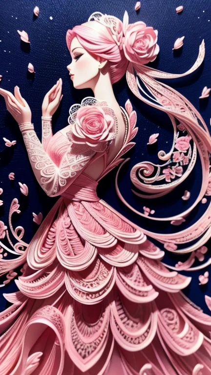 （Silhouette of a beautiful woman wearing a pink wedding dress）、 blue background、（Paper Art、キルティングPaper Art：1.2、Geometry：1.1、 zentangle without letters、 3d rendering ）、（ very beautiful 、 best quality、 detailed details、masterpiece、 Official Art、Cinematic light effects、4K　８k）

