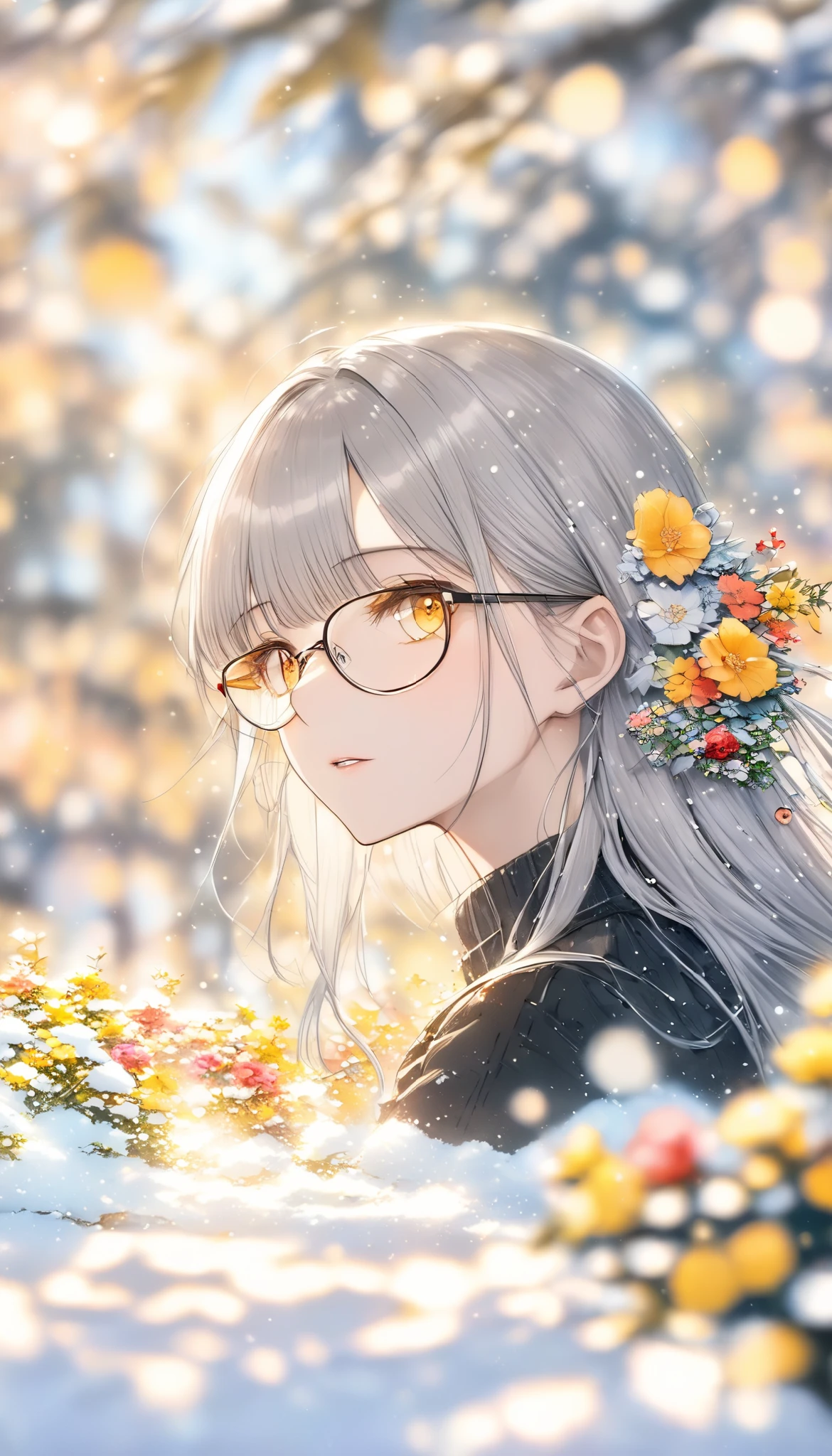 long hair, gray hair, masterpiece, top quality, very beautiful, Absurd, with bangs, glasses, yellow eyes,Yellow Eyes, Glasses、(Harry Clarke (Harry Clarkee) style :0.5),(圣地亚哥·卡鲁索 style :0.7),
1 girl,
BREAK Flower Background,(Floral foreground:1.6),( Background Blurred :1.7),from_side,以人物为middle心的构图, look up ,(photograph:1.4),(actually:1.5),middle_shooting, Looking at the Audience ,( blurry foreground :1.5),,snow