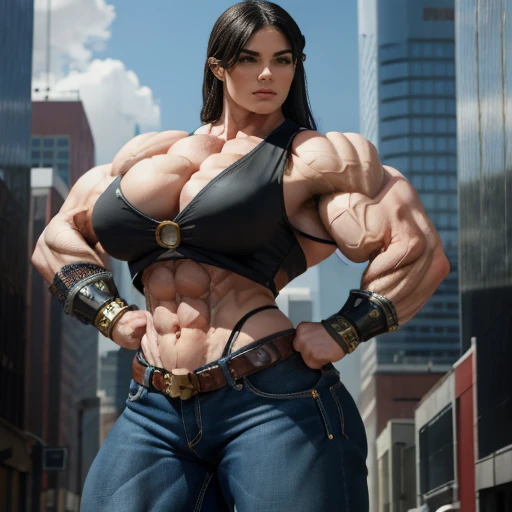 masterpiece, best quality,3d rending work ,3DMM style,close-up, 3D,1girl, solo, ((((Massive Female Bodybuilder)))), ((((huge muscular ass)))), ((wide hips)), (slim waist), (((wide shoulders))), ((((Huge breasts)))), black hair, teardropshaped earrings, realistic, upper body, urban city background, bangs, long straight black hair, parted lips, choker, makeup, ((micro bikini)), red eyes, ((tifa lockhart)),