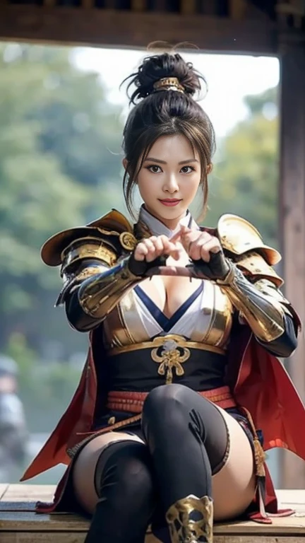   best quality, masterpiece,  ultra high resolution with forest background, (reality: 1.4), Original photo,  Beautiful black-haired woman ：1.3, Topknot ,((dynamic pose)),(looking at viewer),(facing at viewer),((indian style, sitting)),((  black night armor :1.3 )),Breasts are 2 /3 exposed skin ,medium breasts,cleavag,underboob,plunging necklines, SUPER MINISKIRT ARMOR ,  underwear is red high leg , wears black armor on her shoulders,(Black Cape), beautiful skin like silk , Wide neckline, beautiful silhouette   , white color tights,(traditional Japanese village), (8k,  RAW photos ,  best quality),  handsome，Beautiful female knight, detailed digital art , Very nice work of art,(Reach Out Your Open Hand Forward :1.3),(on stage:1.2),(( from below)),( female shogun gives orders to soldiers :1.3),Muscular,(warrior:1.2),dynamic,confident,Inappropriate smile,Overbearing,warrior：1.2,Japan,((holding katana)),