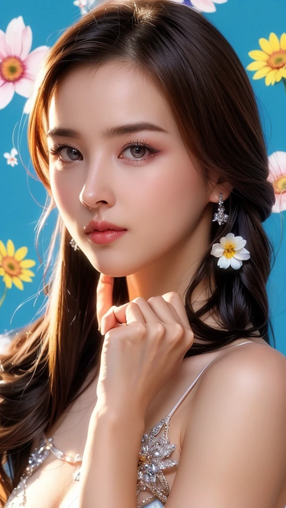 (masterpiece), (best quality), (ultra detailed),(disheed hair),(illustration), (1girl), (Fashionable clothing), standing, Fashion model, looking at viewer, (interview), (simple background), Beautiful detailed eyes, delicate beauty, floating, (high saturation), (colorful splash), colorful bubbles, (shine), focus on the face, Ayaka Kamisato, bangs, scrunchies, floating flowers, flowing hair, (shiny), best lighting, best shadows, perfect hands