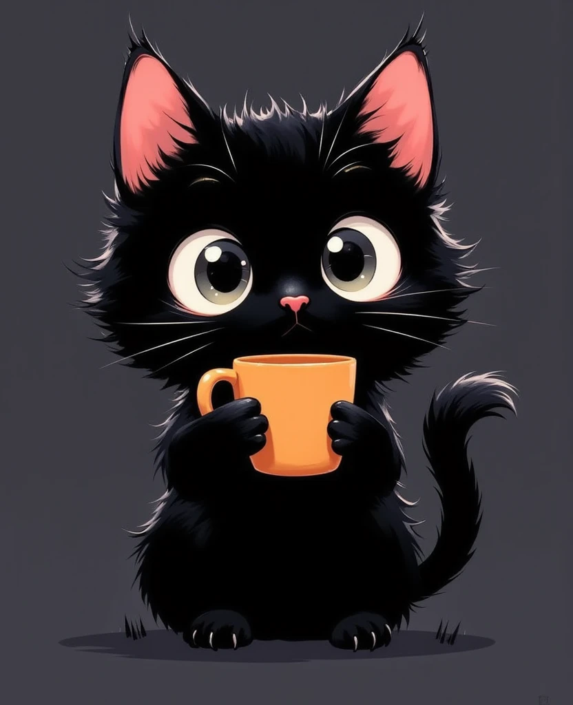 A whimsical and charming illustration of a fluffy black cat with exaggeratedly large, round eyes, holding a bright orange cup in its tiny paws. The cat has spiky, unruly fur with subtle highlights, and its small, triangular ears are tipped with a soft red hue. The background is minimalistic and dark, emphasizing the cat's expressive and slightly surprised look. The lighting is soft, creating a subtle glow around the cat's silhouette, adding depth and warmth to the scene. The overall composition is simple yet captivating, blending a humorous and endearing tone with clean, stylized details.invert color,glow line, invert outline,glow,shine,