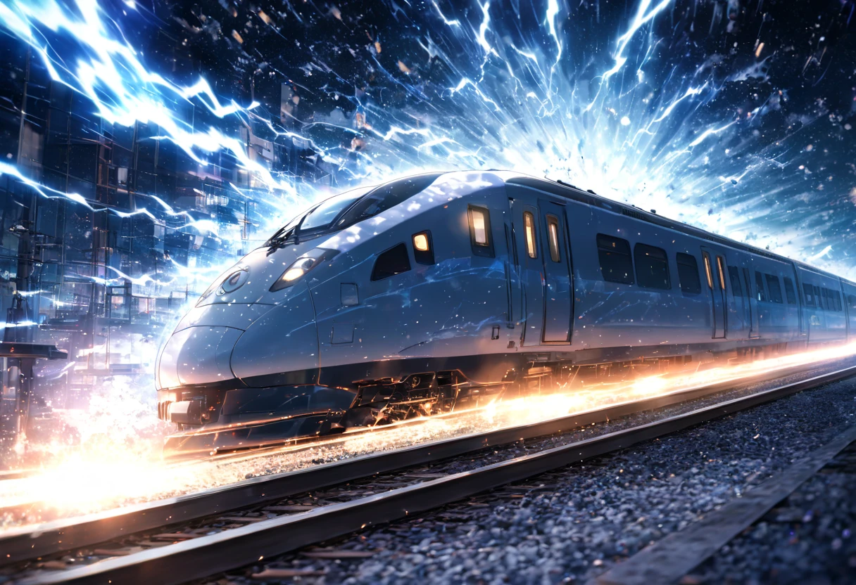 A train that transcends time and space ,  Run on rails formed by Particle Light(( motion blur:2.0 , Blue Lightning Effects :1.5 ,  Blue Particle Light Filter Effects :1.5 , backgroundぼかし)) , background:A warped world of space-time  , Dark blue bullet train 